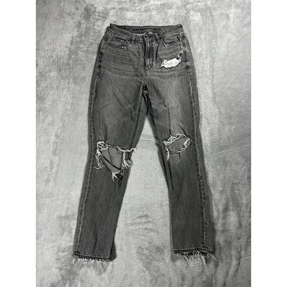 American Eagle Mom Jean Womens 4 Gray Faded Distressed High Rise Stretch Y2K